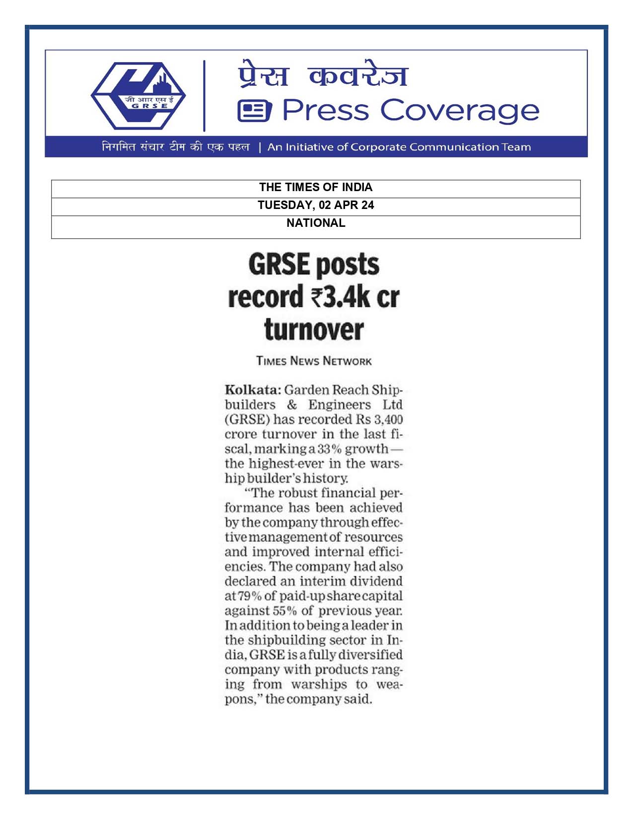 Press Coverage : The Times of India, 02 Apr 24 : GRSE posts record Rs 3.4k Cr turnover